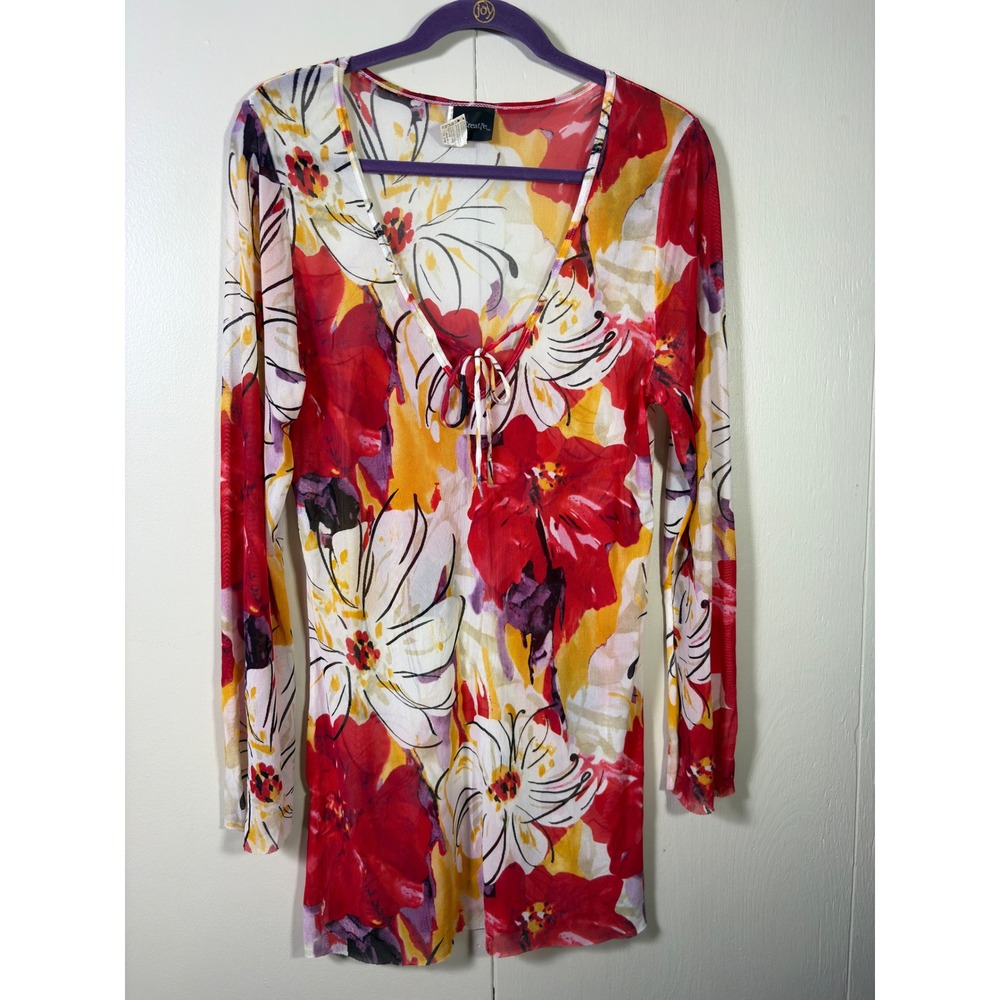 Be Creative Floral Mesh Tunic Sheer V-Neck Tie Y2K 10 M Cover Up Boho Resort